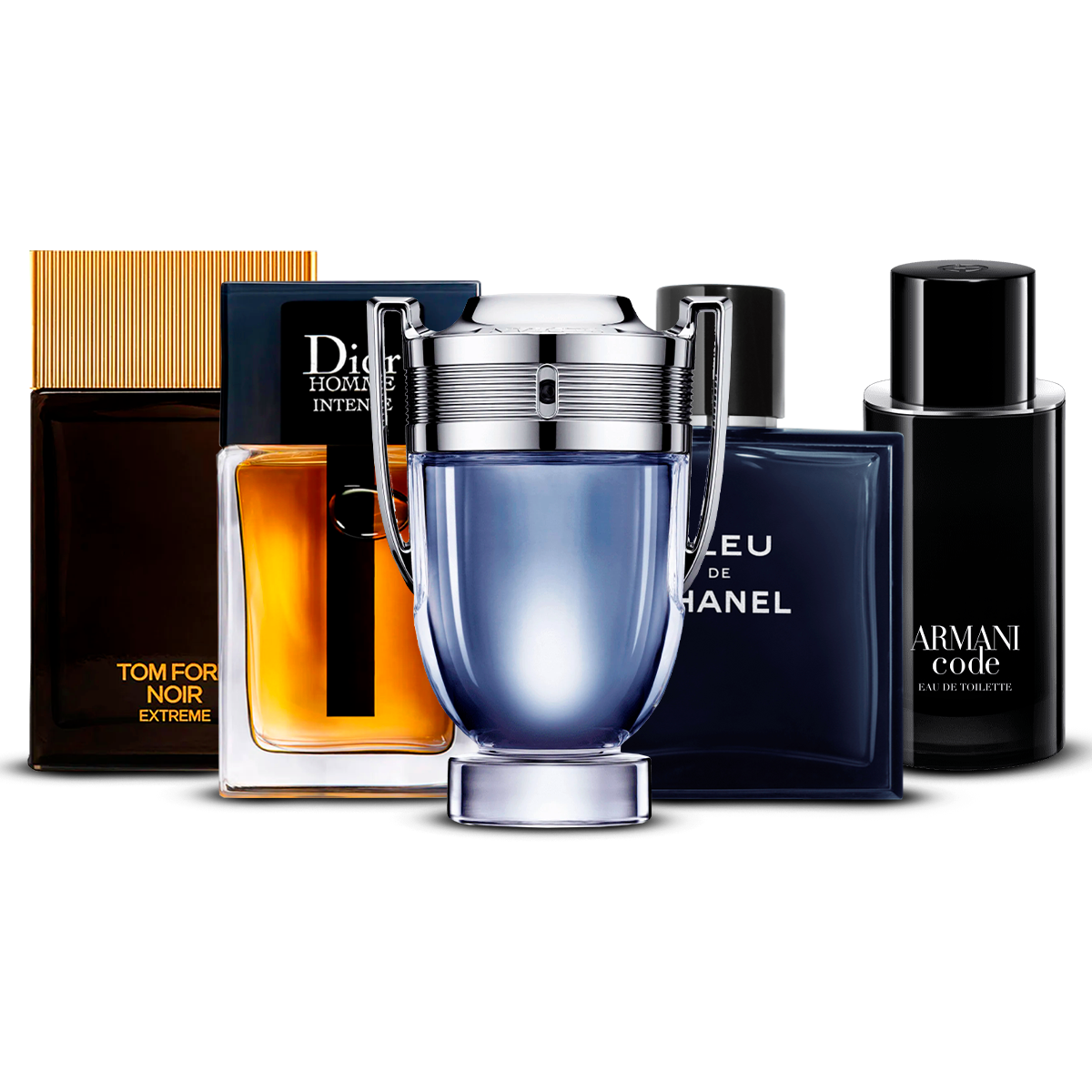 Set di 5 profumi – Tom Ford Noir Extrême, Dior Homme Intense, Invictus, Bleu de Chanel e Armani Code